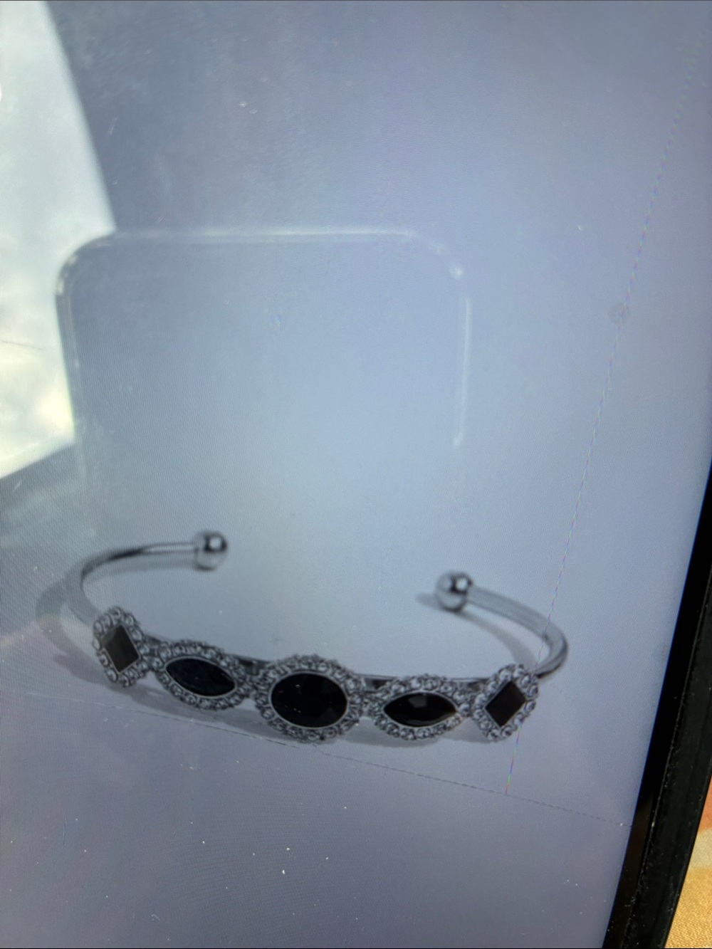 Sterling Silver Black Stone Open Cuff Bracelet with Crystal Halo